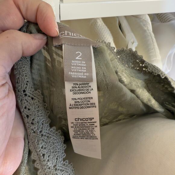 Chico's Women's Size 2 Beige Crochet Trim Palm Leaf Open Front Jacket #3426. - Picture 3 of 8